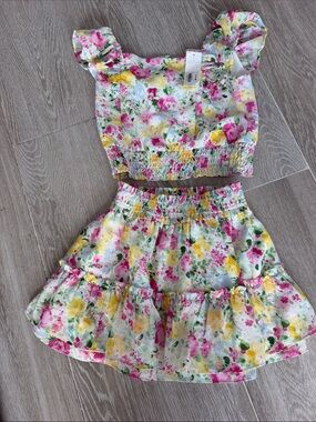 Janie and Jack Floral Ruffle Crop Top & Tiered Skirt Set - Pink, Yellow, Green